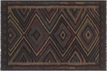 Flat Weave Kilim, Antique, Navaho, Vintage, Handmade, Geometric Kilim Black Green Hand-Woven Rectangle 100% Wool Area Rug 5 x 8